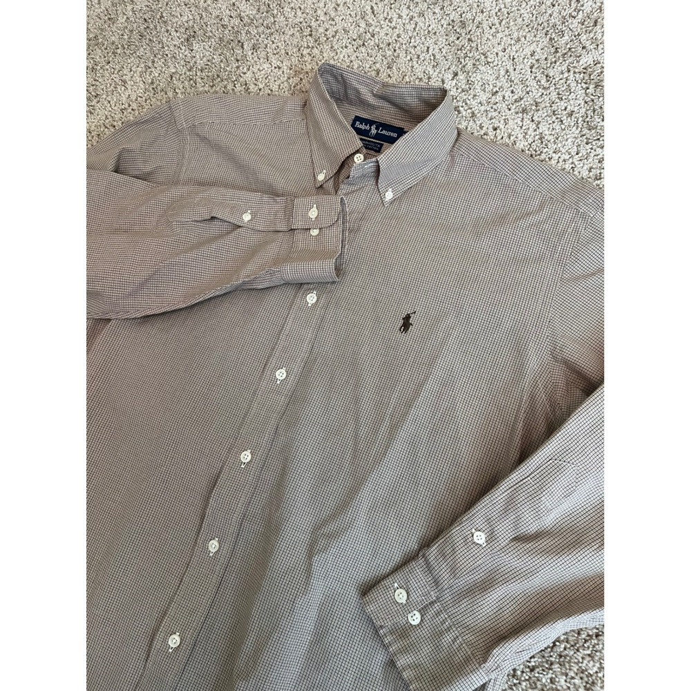 Ralph Lauren Mens Button Down Shirt 15.5 32/33 Brown Yarmouth Micro Check Cotton